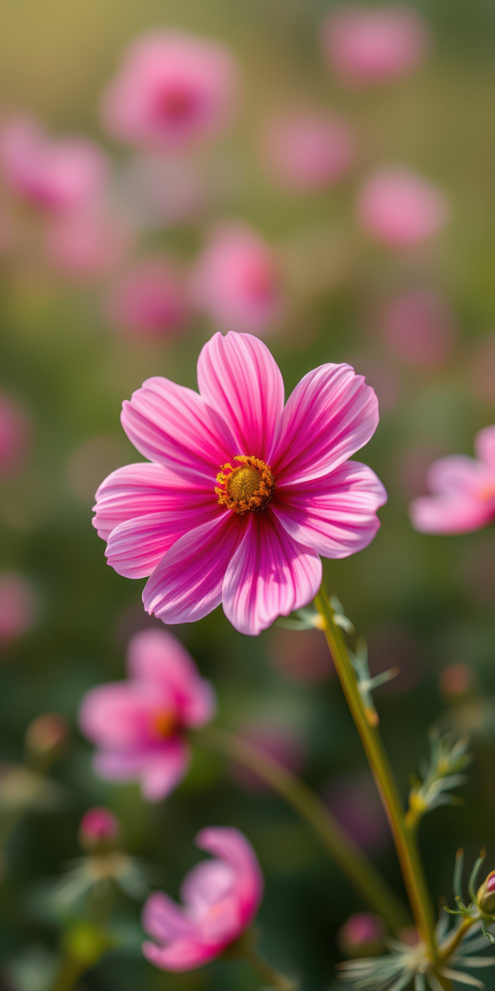 Colorful pink flower blooming in a sunny garden surrounded by blurred greenery